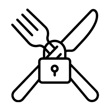 Icon of a fork and knife crossed in an X pattern with a lock over the middle.