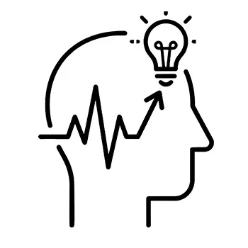 Icon of a head silhouette with an EKG line ending in an upward arrow pointing at a lightbulb over the forehead