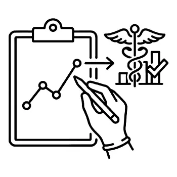 Icon showing a Gloved hand holding a pencil, writing on a clipboard with an upward line, pointing to the Rod of Asclepius