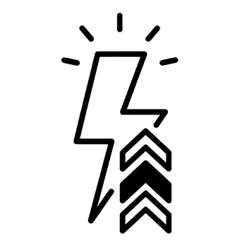 Icon of lightning bolt with three upward chevrons on the bottom left