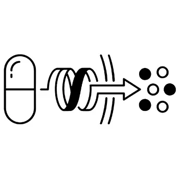 Icon showing a Pill on the left wit ha spiraled arrow pointing to an array of colored dots