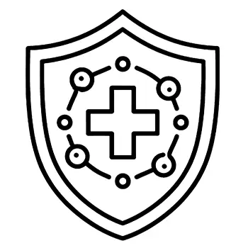 Icon of a shield with a plus centered in the shield surrounded my molecules