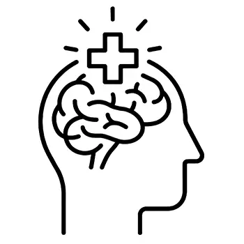 Icon of a head silhouette with a brain and a plus symbol centered above the head