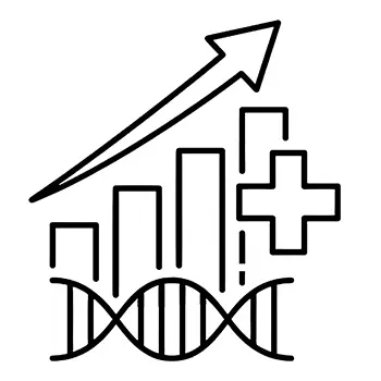 Icon of an Upward arrow over ascending rectangular bars with. DNA helix on the bottom
