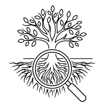 Icon of a Full Sized Tree and root system with a magnifying glass at the base